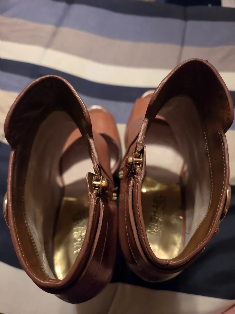 Michael Kors Cognac Peep-Toe Platform Ankle Boots with Gold Zipper